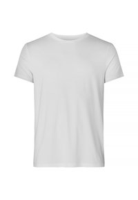 Hvid kortærmet T-shirt lavet af glat bomuldsstof. Har en klassisk rund hals og en afslappet pasform uden mønstre eller accenter.