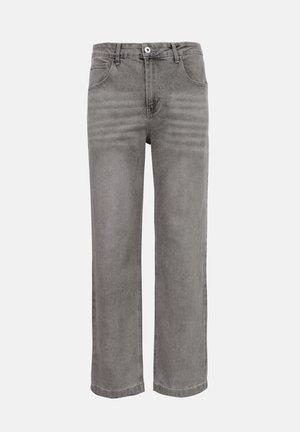 Straight-leg gray denim jeans with front button and zipper closure, belt loops, and two front pockets.
