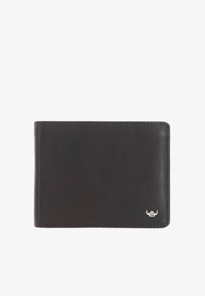 Portefeuille bifold en cuir noir avec surface texturée et petit logo argenté dans le coin inférieur droit sur fond blanc.