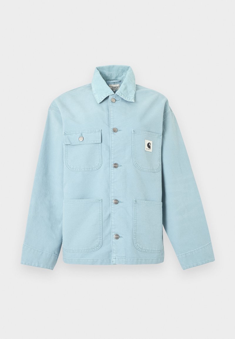 Light blue button-up jacket with four front pockets, silver buttons, a collar, and a small white logo patch on upper right pocket.