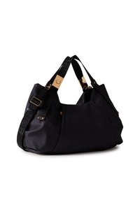 Schwarze strukturierte Handtasche mit goldenen Beschlägen und gemusterten Trägern. Das Design ist rund und hat eine lässige Form, mit verstellbaren Trägern.