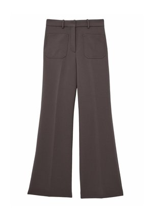 Pantaloni a gamba ampia marroni con una texture liscia, dotati di una cintura piatta e due tasche posteriori. Design chiuso con cuciture sartoriali.