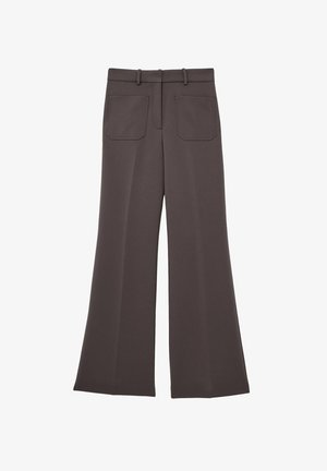 Pantaloni a gamba ampia marroni con una texture liscia, dotati di una cintura piatta e due tasche posteriori. Design chiuso con cuciture sartoriali.