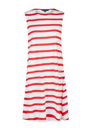 Ärmelloses Kleid aus weißer Baumwolle mit horizontalen roten Streifen. Es verfügt über einen runden Ausschnitt und eine seitliche Tasche mit einem kleinen Herz-Akzent.