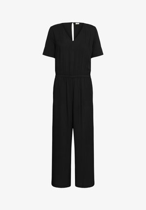 Black jumpsuit with short sleeves, a V-neck, and an elastic waistband. Features wide legs and a keyhole detail at the back. Smooth texture.