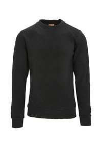Sudadera negra de mezcla de algodón, con cuello redondo, mangas largas, puños acanalados y una textura sutil. Diseño minimalista.