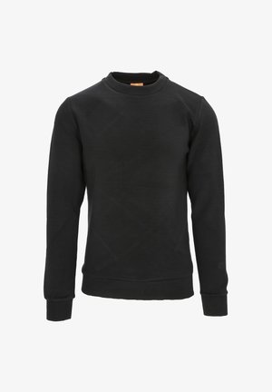 Sudadera negra de mezcla de algodón, con cuello redondo, mangas largas, puños acanalados y una textura sutil. Diseño minimalista.