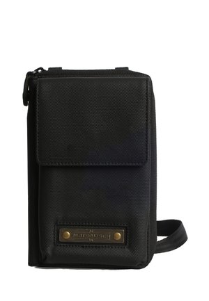 Black fabric crossbody bag with a front flap, zip closure, and a rectangular shape. Features a metal logo plate and a shoulder strap.