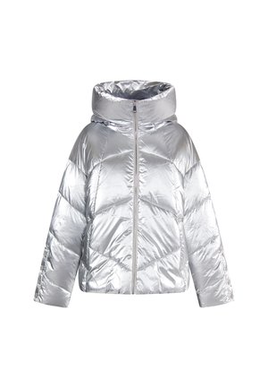 Srebrna kurtka puchowa z wysokim kołnierzem, z przodu na zamek i wzorem w romby. Wykonana z błyszczącego, gładkiego materiału o luźnym kroju.