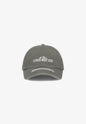 Gray cotton baseball cap with a curved brim. Features white embroidered text "Lower West Side" and location details on the underside of the brim.