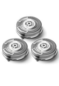 Trois têtes de rasoir circulaires avec une finition métallique. Chacune présente une prise texturée et des trous de ventilation, étiquetés "MULTI PRECISION".