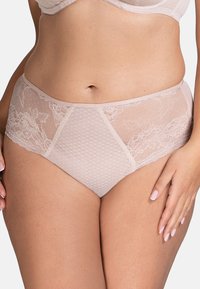 Beige kanten en mesh hoge taille slipjes met florale kantaccenten, een gestructureerd ruitpatroon en een soepele tailleband.