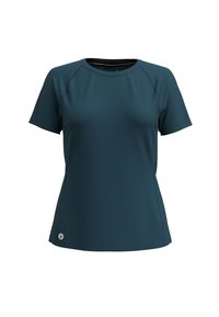 Türkisfarbenes Sport-T-Shirt mit kurzen Raglanärmeln, glatter Textur, Rundhalsausschnitt und kleinem Logo-Akzent auf der linken unteren Seite.