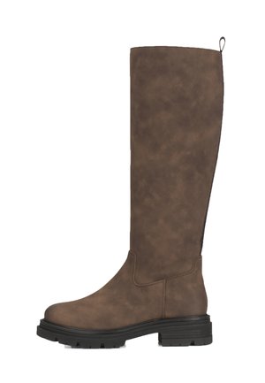 Braune Stiefel bis zum Knie mit einer strukturierten Oberfläche und einer robusten Sohle, ausgestattet mit einem seitlichen Reißverschluss für ein einfaches Anziehen.