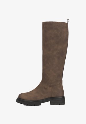 Braune Stiefel bis zum Knie mit einer strukturierten Oberfläche und einer robusten Sohle, ausgestattet mit einem seitlichen Reißverschluss für ein einfaches Anziehen.