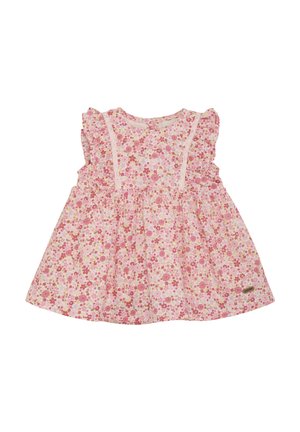 Blumenkleid mit kurzen Rüschensäumen, rosa Grundfarbe und buntem Blumenmuster. Verfügt über ein tailliertes Oberteil und einen ausgestellten Rock.