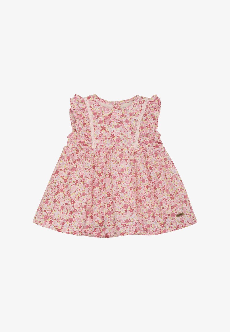 Blommig klänning med korta volangärmar, rosa bas och flerfärgad blommönster. Har en figurnära bodice och utsvängd kjol.