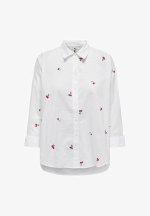 Biała bawełniana koszula z krótkimi, podwiniętymi rękawami, kołnierzykiem oraz drobnym, czerwonym haftem wiśni rozproszonym na przodzie.
