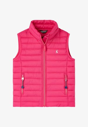 Jasnoróżowa pikowana bezrękawka z kołnierzem stójką, przednim suwakiem, dwoma kieszeniami na zamek z suwakami w kształcie gwiazdek oraz małym białym logo na piersi.