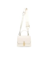Borsa a mano in pelle bianca con un design strutturato, manico superiore e hardware dorato. Caratterizzata da una tracolla removibile con un motivo a logo.