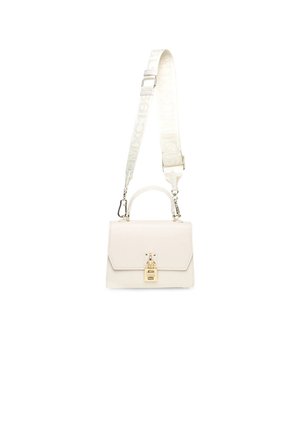 Borsa a mano in pelle bianca con un design strutturato, manico superiore e hardware dorato. Caratterizzata da una tracolla removibile con un motivo a logo.