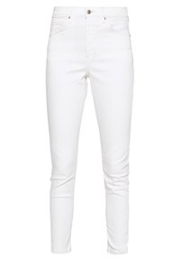 Jeans ajustados blancos de mezclilla. Cuenta con cinco bolsillos, cremallera con cierre de botón y sutilezas en la costura. Textura suave.