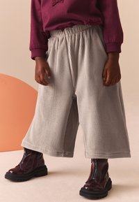Pantaloni largi din catifea gri cu talie elastică, asortați cu cizme de gleznă burgundy cu fermoar. Talpă neagră antiderapantă. Textură fină.