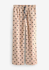 Pantalones de pijama rosa claro con un diseño de pierna ancha, que presentan grandes puntos de lunares azul marino y una cintura elástica con cordón.