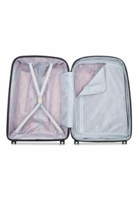 Black suitcase open, featuring a light blue interior with a quilted pattern, cross straps, and a mesh pocket on one side.