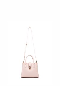 Borsa strutturata di un delicato rosa chiaro, realizzata in pelle texturizzata, con manici corti, una tracolla rimovibile e dettagli in hardware dorato.