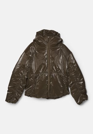 Dark green, shiny puffer jacket with a hood, front zipper, elasticized cuffs, and gathered detailing at the waist for a structured fit.