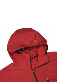 Rode jas met een aansluitende capuchon, ritssluiting en zwarte accenten. Gemaakt van glad, lichtgewicht stof met een gestructureerd ontwerp.