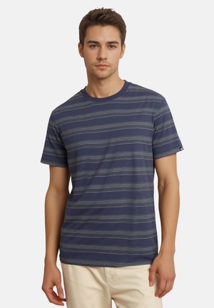 Navy blue short-sleeve T-shirt with horizontal multicolored stripes, crew neck, and soft fabric texture.