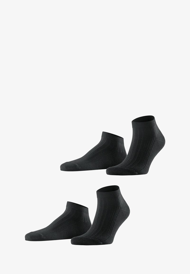 Schwarze Knöchelsocken im gerippten Design, mit verstärkter Ferse und Zehen, weichem Material und elastischem Bündchen für eine bequeme Passform.