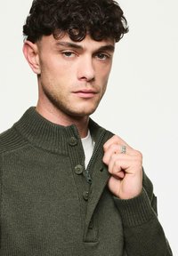 Mann mit lockigem, dunklem Haar, der einen olivgrünen Strickpullover trägt und den Kragen teilweise öffnet, sodass ein weißes Hemd darunter sichtbar wird.