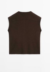 Brązowy bezrękawnik wykonany z dzianiny z okrągłym dekoltem, charakteryzujący się gładką teksturą i subtelnym prążkowanym wykończeniem na brzegach.