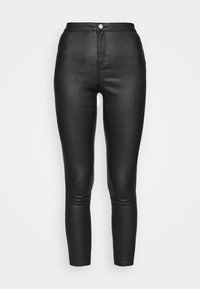 Svarta fusk-läder skinny jeans med hög midja, slät yta och framknappsstängning, med en klassisk femfickdesign.