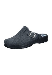 Dark gray felt slip-on clog with black rubber sole and adjustable silver buckle on top side.