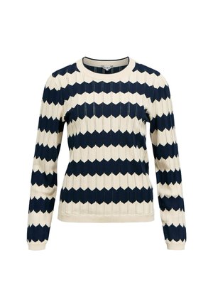 Pull rayé bleu marine et écru avec un motif zigzag texturé. Doté d'un col rond et de manches longues, fabriqué en tissu tricoté.