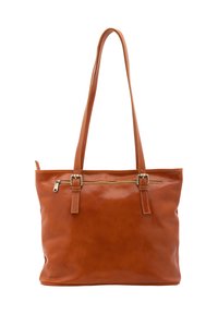 Borsa tote in pelle marrone con due manici lunghi, una tasca con zip sul davanti e dettagli di cucitura discreti. Texture liscia e lucida.