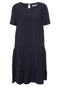 Navyblaues, locker sitzendes Kurzarmkleid mit gerafftem Rockdetail und Schlitzverschluss am Rücken des Halsausschnitts.