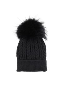 Berretto in maglia nera con un motivo a treccia testurizzato, caratterizzato da un morbido pompon in pelliccia sintetica nera sulla parte superiore. Il risvolto aggiunge un dettaglio di design.