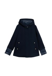 Cappotto blu navy con cappuccio, realizzato in un materiale esterno liscio, con dettagli delle maniche trapuntati e due tasche frontali con hardware dorato.