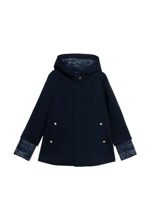 Cappotto blu navy con cappuccio, realizzato in un materiale esterno liscio, con dettagli delle maniche trapuntati e due tasche frontali con hardware dorato.