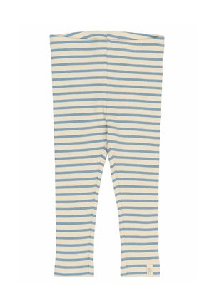 Črno-belih legic v kremni in modri barvi, narejenih iz rebraste tkanine. Imajo širok pas in majhno oznako na dnu robu.