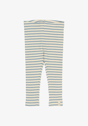 Gestreifte Leggings in Creme und Blau, aus geripptem Stoff gefertigt. Sie verfügen über einen breiten Bund und ein kleines Logostich am unteren Saum.