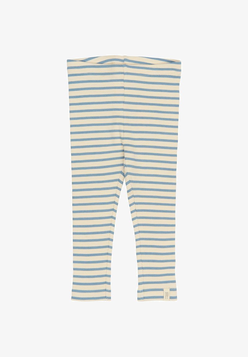 Colanți cu dungi în crem și albastru, fabricați dintr-un material ribbed. Au o talie lată și un mic eticheta cu logo în partea de jos.