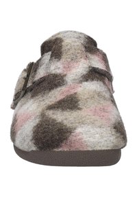 Filt slippers i beige, brun og pink nuancer med en tekstureret overflade og sidebuckle. Rund form med en brun sål for komfort.