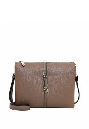 Brown textured leather crossbody bag with silver clasp detail and adjustable strap on a white background.
