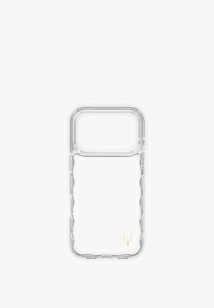 Transparente Kunststoff-Handyhülle mit rechteckigem Ausschnitt für die Kamera, mit einer strukturierten, wellenförmigen Kante und geprägtem Markenlogo unten.